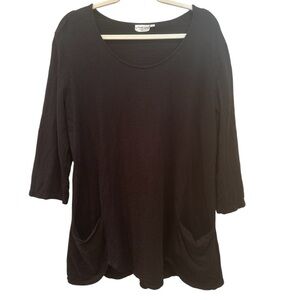 100% Cotton Black Tunic Pockets 3/4 Sleeves Made in USA Lagenlook Casual Sz L